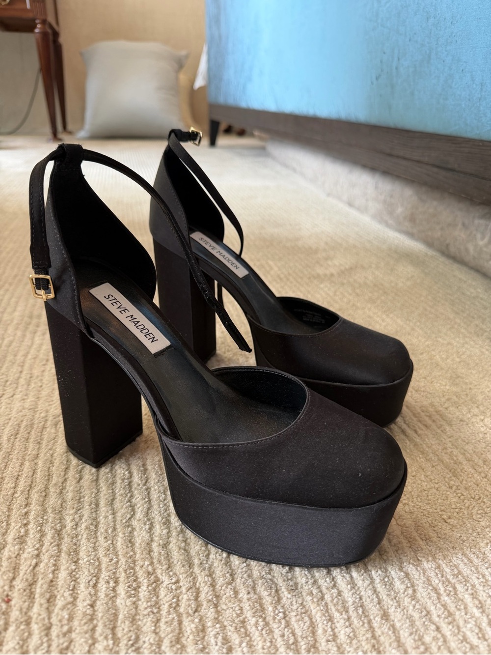 Steve Madden Black Ankle-Strap Platform Block Heels